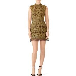 Catherine Deane Kate Floral Lace Mini Dress Size 0 Gold Keyhole Mock Neck